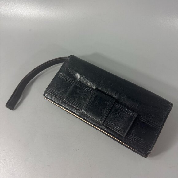 Kate Spade New York Ostrich Embossed Black Leather Wallet/Wristlet w/ Large Bow - Picture 1 of 15